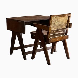 Student Desk and Office Chair by Pierre Jeanneret, Chandigarh, India, 1950s, Set of 2