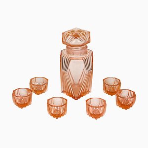 Art Deco Austrian Decanter Set with Shot Glasses in Coral Color Glass, 1920, Set of 7