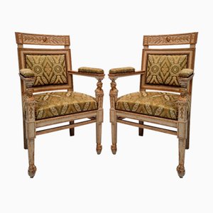 Antique Empire Carved Wood Armchairs, Set of 2