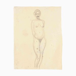 Desconocido, desnudo, dibujo a lápiz original, mediados del siglo XX