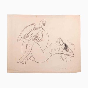 Louis Jou, Leda and the Swan, Charcoal Drawing, Early 20th Century