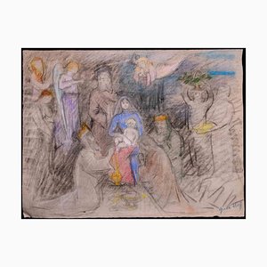 Giselle Halff, the Holy Family, Pastel Drawing, Mid-20th Century