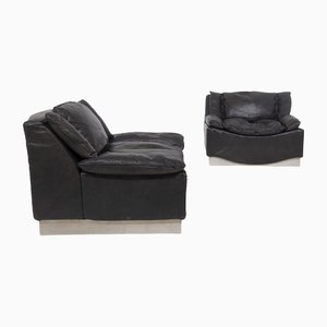 Leather and Steel Lounge Chairs by Luciano Frigerio, Set of 2