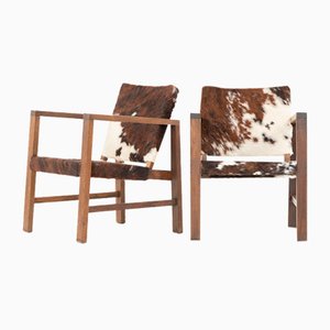 Armchairs in Cow Skin and Oak, 1950, Set of 2