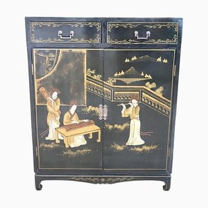 Vintage Lacquered Wood Cabinet with Hand-Painted Decorations, 1960s