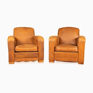 20th Century Art Deco Style French Leather Club Chairs, Set of 2