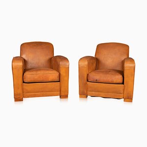 French Art Deco Style Leather Club Chairs, 20th Century, Set of 2