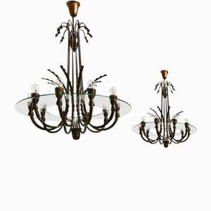 Italian Chandeliers in Brass and Transparent Glass, 1940, Set of 2