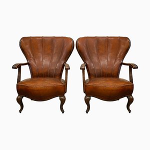Elizabethan Wood and Cognac Leather Seats, Set of 2