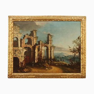 Architectural Capriccio with Ruins and Figures, 18th-Century, Oil on Canvas, Framed