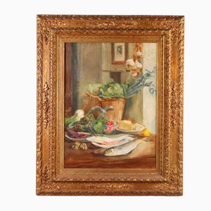 Still Life with Vegetables Fish and Cheese, 20th-Century, Oil on Canvas, Framed