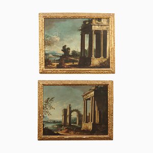 Architectural Capriccios with Ruins and Figures, 18th-Century, Oil on Canvas, Framed, Set of 2