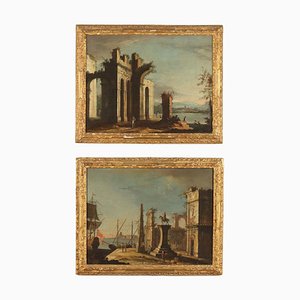 Architectural Capriccios with Ruins and Figures, 18th-Century, Oil on Canvas, Framed, Set of 2