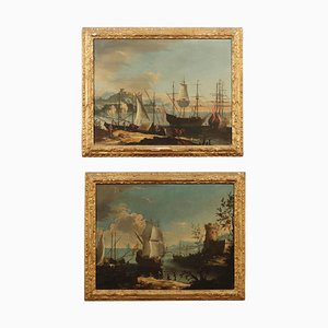 Port Landscapes with Ruins, 18th-Century, Oil on Canvas, Framed
