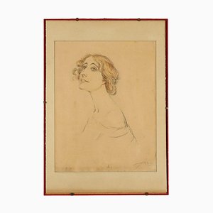Aldo Mazza, Portrait de Femme, Technique Mixte sur Papier, Encadré