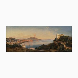 Ancient View of the Bay of Naples, Original Oil Painting, 19th-Century