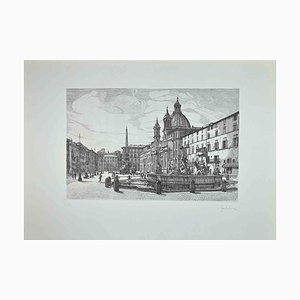 Giuseppe Malandrino, View of Piazza Navona, Original Etching, 1970