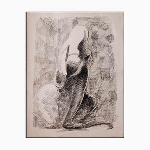Giselle Halff, Cat, Charcoal Drawing, Mid 20th Century