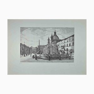 Giuseppe Malandrino, Vue de la Piazza Navona, Gravure à l'Eau-Forte, 1970