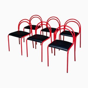 Italian Modern Stackable Red Metal & Black Faux Leather Dining Chairs, 1980s, Set of 6