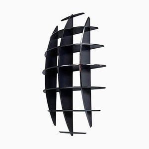 Italian Modern Black Wood Convex Shape Wall Bookcase in Joe Colombo Style, 1980s