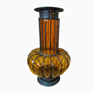 Suffered Vase aus Glas mit Rahmen aus Schmiedeeisen