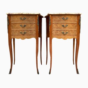 Mid-Century Bedside Tables in French Walnut With Marquetry & Marble Top, Set of 2