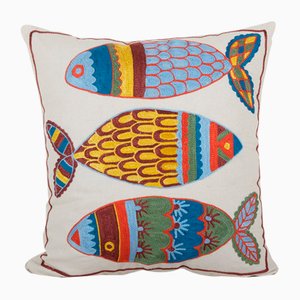 Vintage Square Suzani Cushion Cover with Fish Design