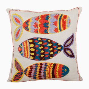 Vintage Suzani Cushion Cover with Fish Design