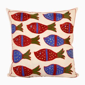 Housse de Coussin Suzani Vintage avec Motif Poisson