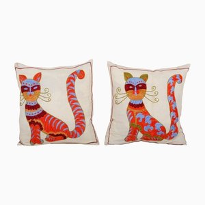 Housse de Coussin Suzani Carrée avec Motif Chat, Set de 2