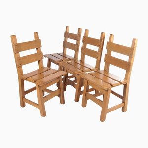 Brutalistic Sturdy Wooden Chairs, 1980s, Set of 4