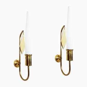 Opaline Glass and Brass Sconces, 1950s, Set of 2