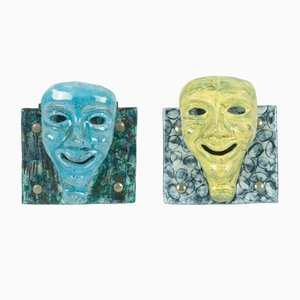 Mid-Century Blue and Yellow Ceramic Mask Wall Racks, Set of 2