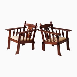 Vintage French Arts & Crafts Style Safari Armchairs in Mahogany, Set of 2