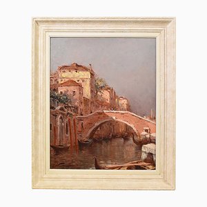 Landscape Painting, Venice, Oil on Wood, Art Deco, Xx Century.