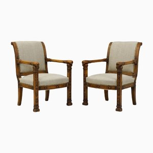 Reupholstered Armchairs in Walnut & Grey Linen, Set of 2