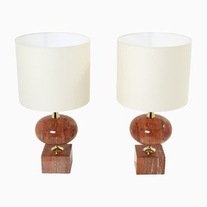 Large French Travertine Brass Table Lamps by Philippe Barbier, 1970s, Set of 2