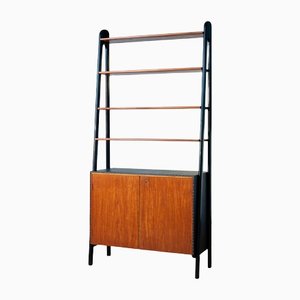Teak and Nailed Black Faux Leather Bookcase Cabinet by Bertil Fridhagen, 1950s