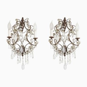 Wrought Iron and Crystal Wall Lights, Set of 2