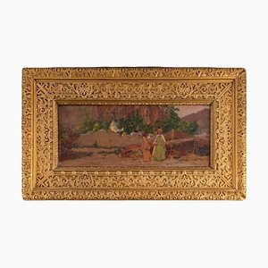 Eug Deshayes, Orientalist Landscape Painting with Figures, Oil on Panel, Framed