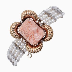 Bracelet en Perles Blanches et Or Rose 14 Carats