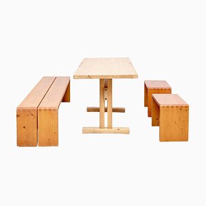 Table and Stools and Bench by Charlotte Perriand for Les Arcs, Set of 4