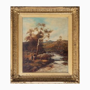 River Landscape with Figures, France, 19th-Century, Oil on Canvas, Framed