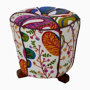 Pouf Art Déco in faggio con tessuto Josef Frank, Vienna, anni '30