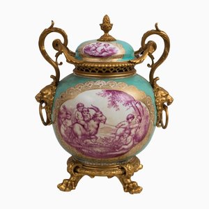 Antique Centerpiece in Polychrome Porcelain with Golden Bronze Applications