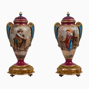 Antique French Vase in Polychrome Porcelain by Luigi Filippo, Set of 2