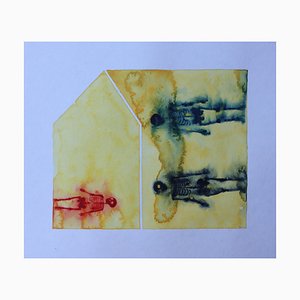 Danylo Movchan, Casa amarilla con esqueletos, 2022, Acuarela sobre papel