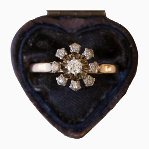 Anello Daisy vintage in oro e argento 18k con diamanti, anni '10