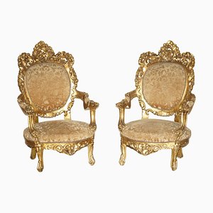 Antique French Louis XV Giltwood Armchairs, Set of 2